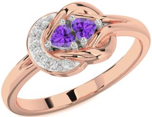 Diamond Emerald Platinum & Rose Gold Knot Two Heart Birthstone Ring