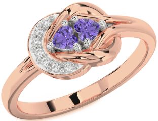 Diamond Emerald Platinum & Rose Gold Knot Two Heart Birthstone Ring
