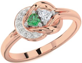 Diamond Emerald Platinum & Rose Gold Knot Two Heart Birthstone Ring