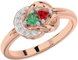 Diamond Emerald Platinum & Rose Gold Knot Two Heart Birthstone Ring