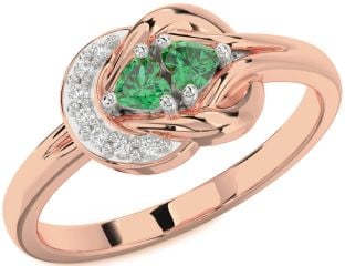 Diamond Emerald Platinum & Rose Gold Knot Two Heart Birthstone Ring