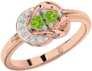 Diamond Emerald Platinum & Rose Gold Knot Two Heart Birthstone Ring