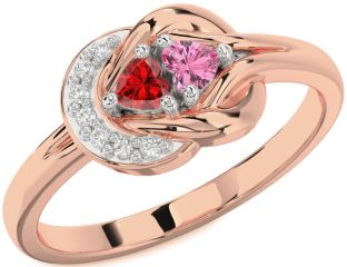 Diamond Emerald Platinum & Rose Gold Knot Two Heart Birthstone Ring