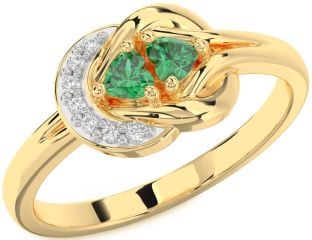 Diamond Emerald Gold Knot Two Heart Birthstone Ring
