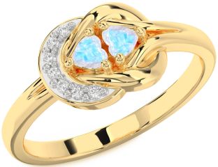 Diamond Emerald Gold Knot Two Heart Birthstone Ring