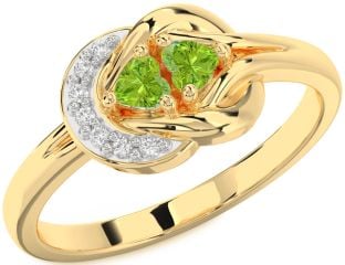 Diamond Emerald Gold Knot Two Heart Birthstone Ring