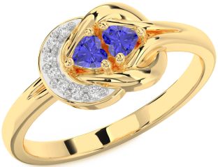 Diamond Emerald Gold Knot Two Heart Birthstone Ring