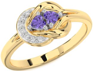 Diamond Emerald Platinum & Yellow Gold Knot Two Heart Birthstone Ring