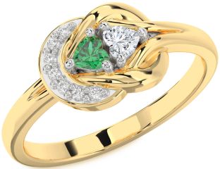 Diamond Emerald Platinum & Yellow Gold Knot Two Heart Birthstone Ring