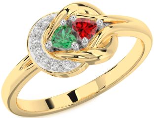 Diamond Emerald Platinum & Yellow Gold Knot Two Heart Birthstone Ring