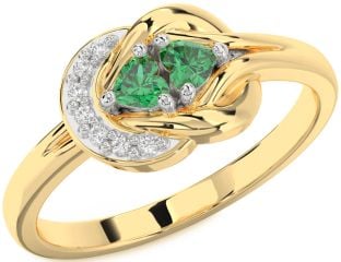 Diamond Emerald Platinum & Yellow Gold Knot Two Heart Birthstone Ring