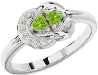 Diamond Emerald Platinum Knot Two Heart Birthstone Ring