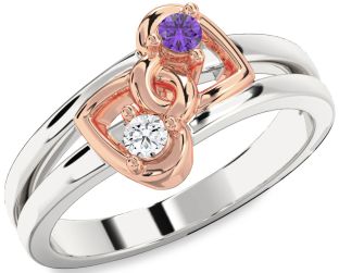 Silver & 10K Rose Gold Heart Two Stone Promise Ring