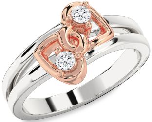 Diamond White Rose Gold Heart Round Two Stone Ring