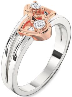 Diamond Silver & 10K Rose Gold Heart Two Stone Ring
