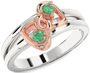 Emerald Platinum & Rose Gold Heart Two Stone Birthstone Ring