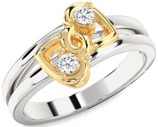 Diamond Silver & 10K gold Heart Round Two Stone Ring
