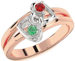 Emerald Platinum & Rose Gold Heart Two Stone Birthstone Ring