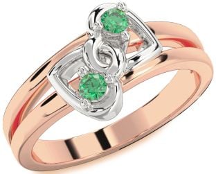 Emerald Platinum & Rose Gold Heart Two Stone Birthstone Ring
