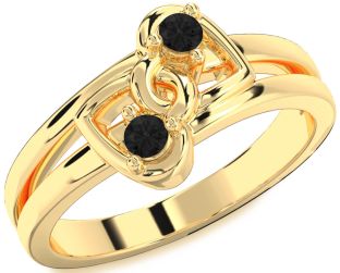 Black Diamond Gold Silver Heart Two Stone Ring