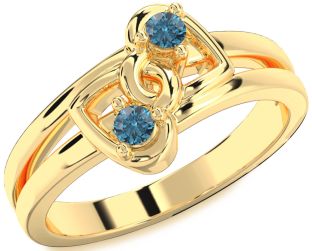 Blue Diamond Gold Silver Heart Two Stone Ring