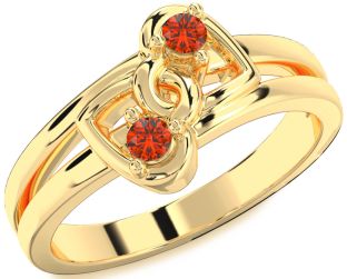 Fire Opal Gold Silver Heart Two Stone Ring