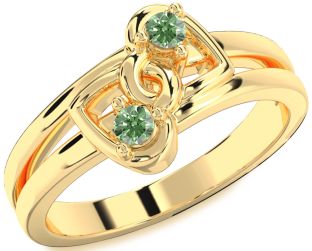 Green Diamond Gold Silver Heart Two Stone Ring