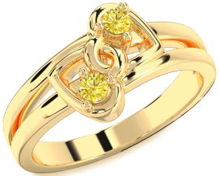 Yellow Diamond Gold Silver Heart Two Stone Ring