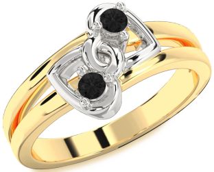Black Diamond Gold Silver Heart Two Stone Ring