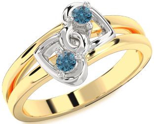 Blue Diamond Gold Silver Heart Two Stone Ring