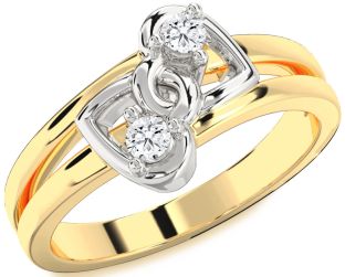 Diamond White Yellow Gold Heart Round Two Stone Ring