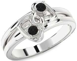 Black Diamond Silver Heart Two Stone Ring