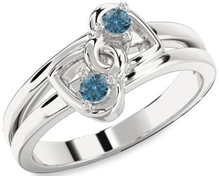 Blue Diamond Silver Heart Two Stone Ring