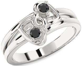 Black Onyx Silver Heart Two Stone Ring