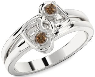 Chocolate Brown Diamond Silver Heart Two Stone Ring