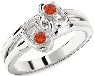 Fire Opal Silver Heart Two Stone Ring
