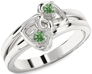 Green Diamond Silver Heart Two Stone Ring
