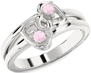 Rose Quartz Silver Heart Two Stone Ring