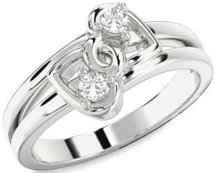 White Sapphire Silver Heart Two Stone Ring
