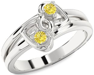 Yellow Diamond Silver Heart Two Stone Ring