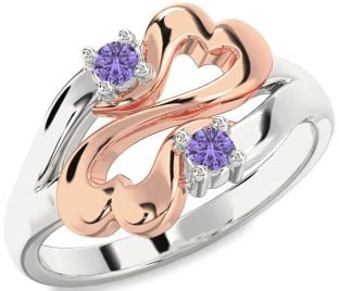 Emerald Platinum & Rose Gold Infinity Heart Two Stone Birthstone Ring