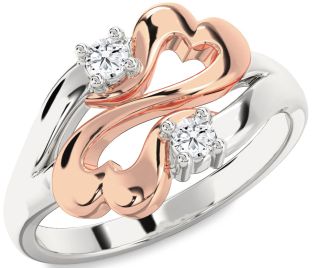 Diamond Silver & 10K Rose Gold Infinity Heart Round Two Stone Ring