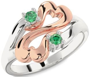 Emerald Platinum & Rose Gold Infinity Heart Two Stone Birthstone Ring