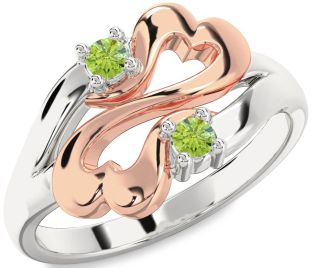 Emerald Platinum & Rose Gold Infinity Heart Two Stone Birthstone Ring