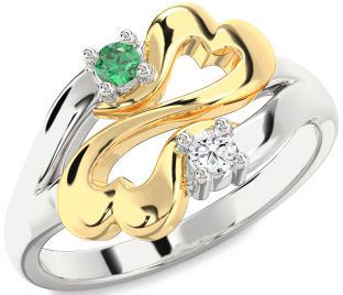 Emerald Platinum & Yellow Gold Infinity Heart Two Stone Birthstone Ring