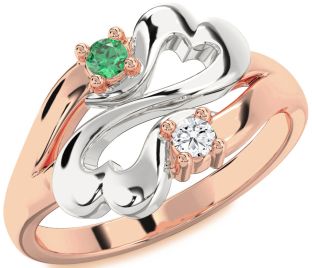 Emerald Platinum & Rose Gold Infinity Heart Two Stone Birthstone Ring