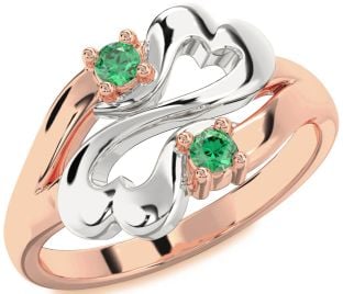 Emerald White Rose Gold Infinity Heart Two Stone Birthstone Ring