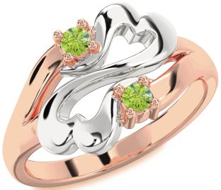 Emerald Platinum & Rose Gold Infinity Heart Two Stone Birthstone Ring