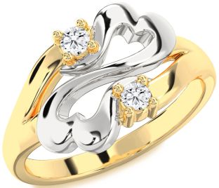 Diamond White Yellow Gold Infinity Heart Round Two Stone Ring