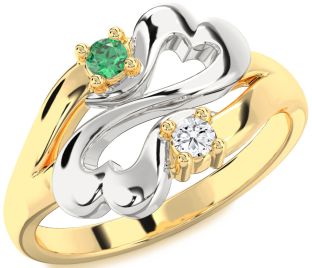 Emerald Platinum & Yellow Gold Infinity Heart Two Stone Birthstone Ring